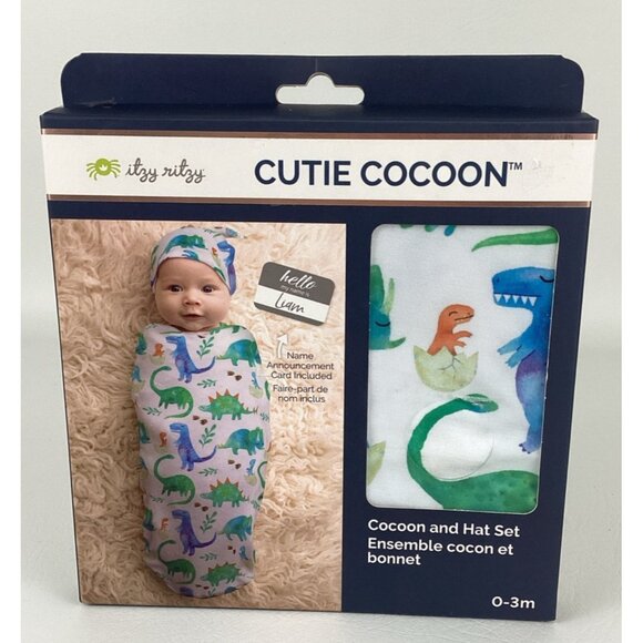 Itzy Ritzy Cutie Cocoon Jersey Knit Dinosaur Print Comfort Set Hat Name Card New - Picture 1 of 5